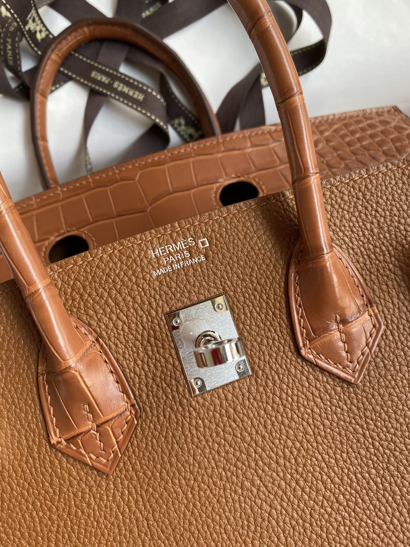 Hermes Touch Birkin 25CM Bag In Caramel Togo and Matte Alligator Crocodile Leather